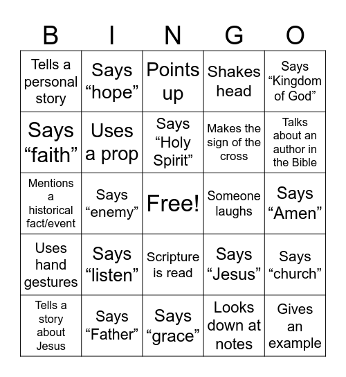 Church Service Bingo Card