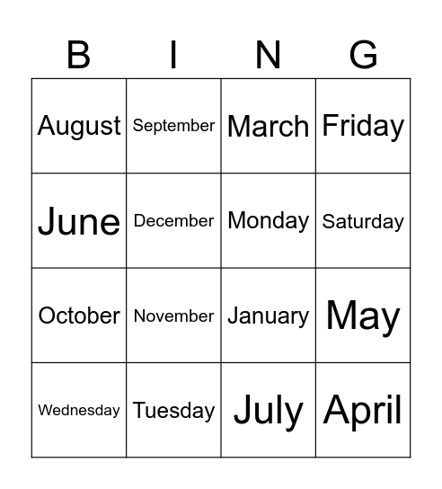 Months, Days Bingo Card