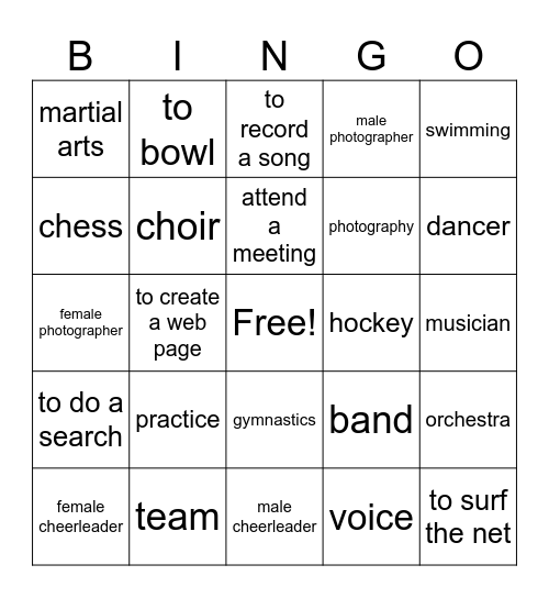 After-school Activites Bingo Card