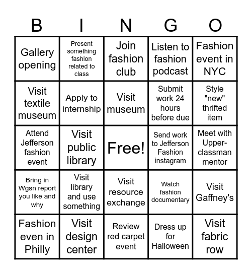 Fashion Design Research Bingo! Bingo Card