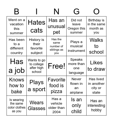 High School Classmate Bingo Card