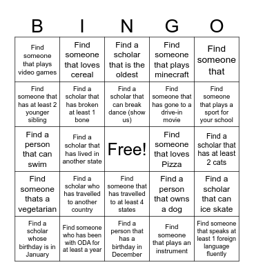 ODA Roxboro Scholar Bingo Card
