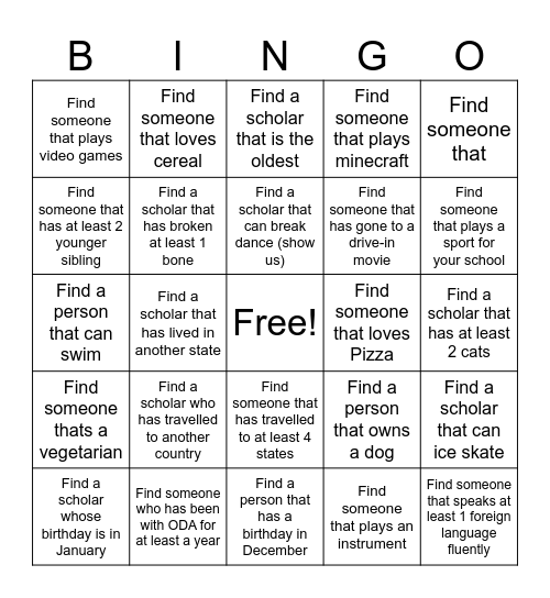 ODA Roxboro Scholar Bingo Card