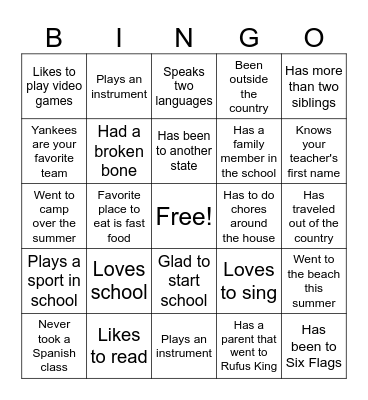 First Day of School Bingo Card