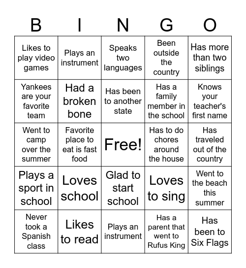 First Day of School Bingo Card