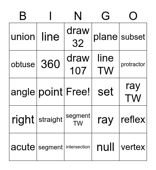 Lines and Angles, Etc. Bingo Card