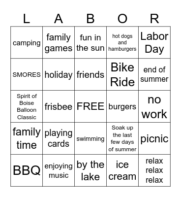 Labor Day Bingo Card