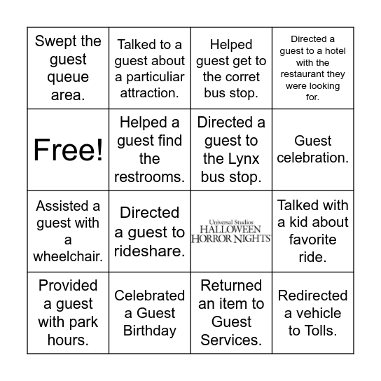 Guest Service Bingo Card