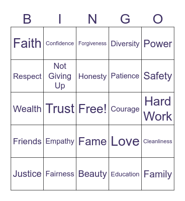 VALUES Bingo Card