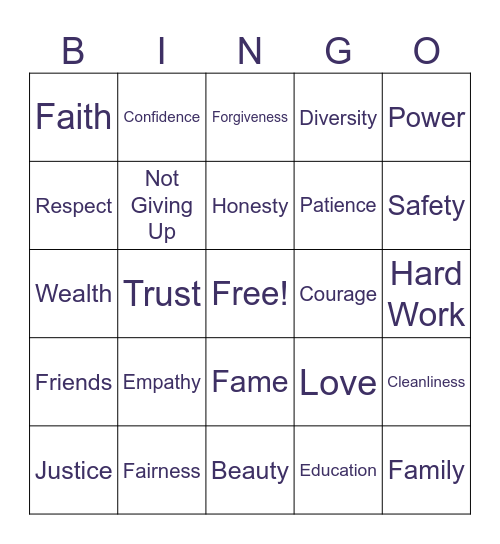 VALUES Bingo Card