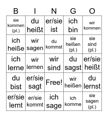 Konjugation des Verbs Bingo Card