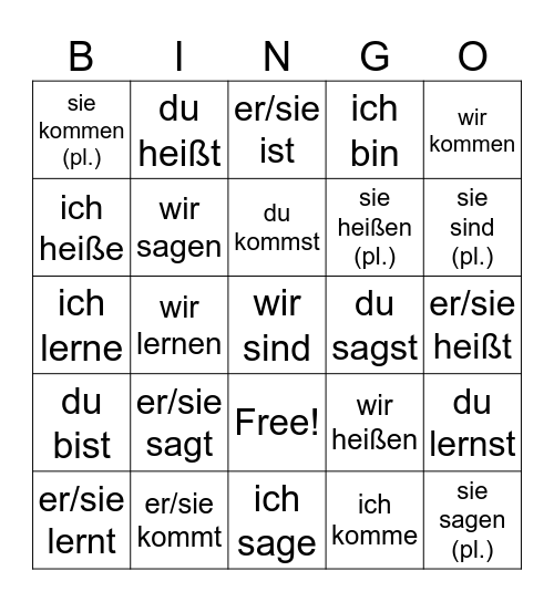 Konjugation des Verbs Bingo Card