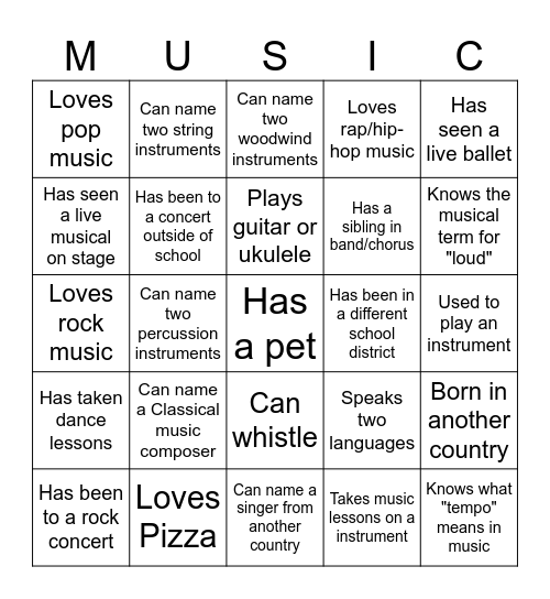 Getting to Know You - Music Edition Bingo Card