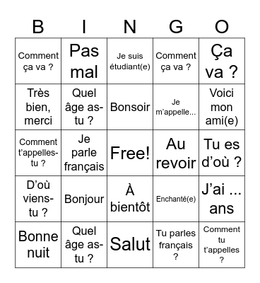 French Introductions Bingo Card