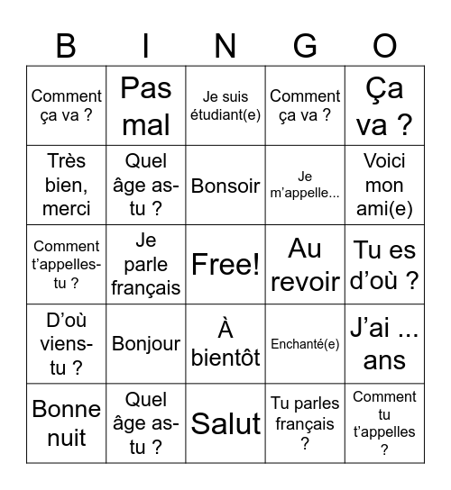 French Introductions Bingo Card