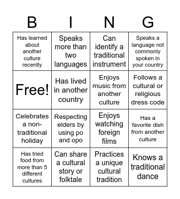 Multicultural Bingo Card