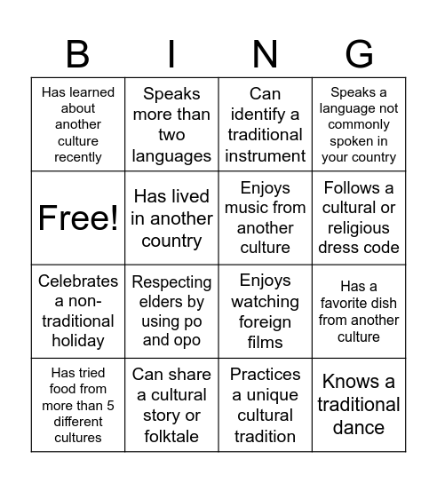 Multicultural Bingo Card