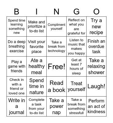 Mental wellness Bingo Card