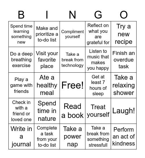 Mental wellness Bingo Card