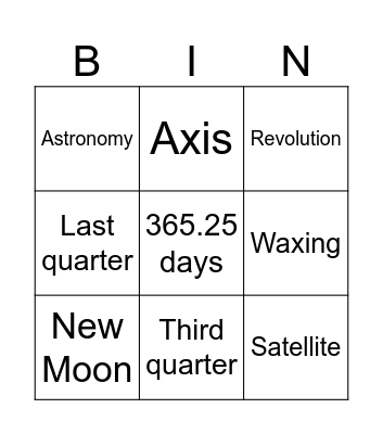 Year 7 Earth in Space Bingo Card