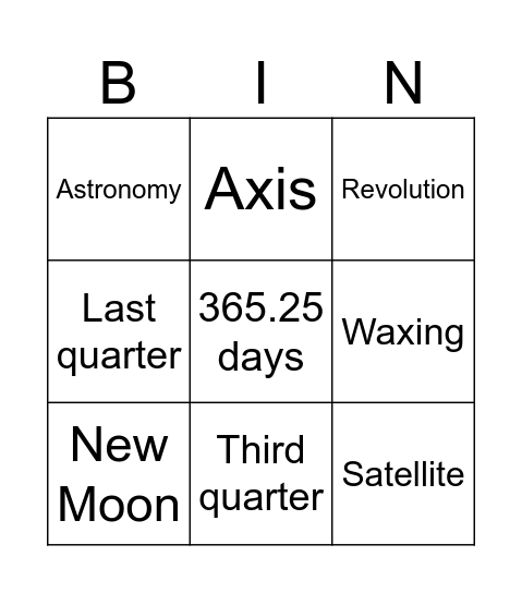 Year 7 Earth in Space Bingo Card