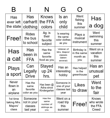 High School Classmate Bingo Card