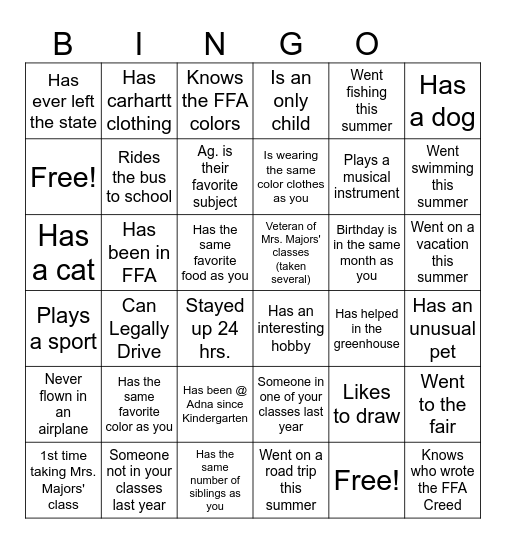 High School Classmate Bingo Card