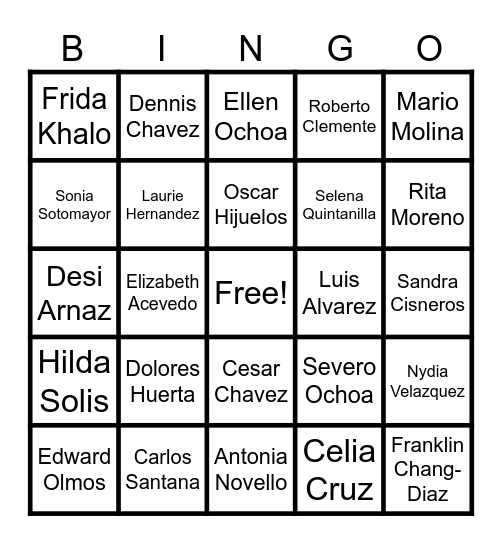 Hispanic Heritage Month Bingo Card