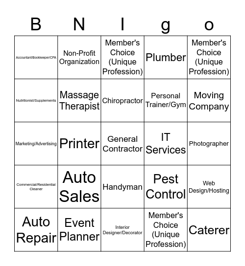 BNI Referral Masters BNIgo Bingo Card