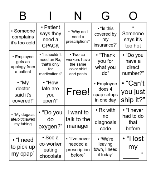 CPAP store Bingo Card