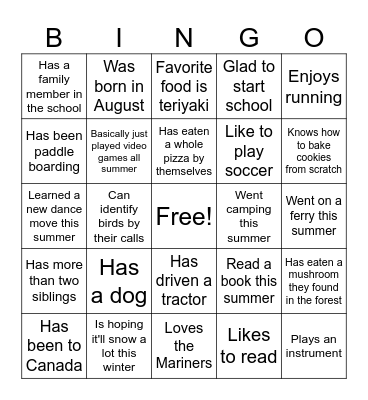 First Day of School Bingo Card