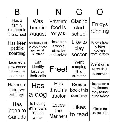 First Day of School Bingo Card