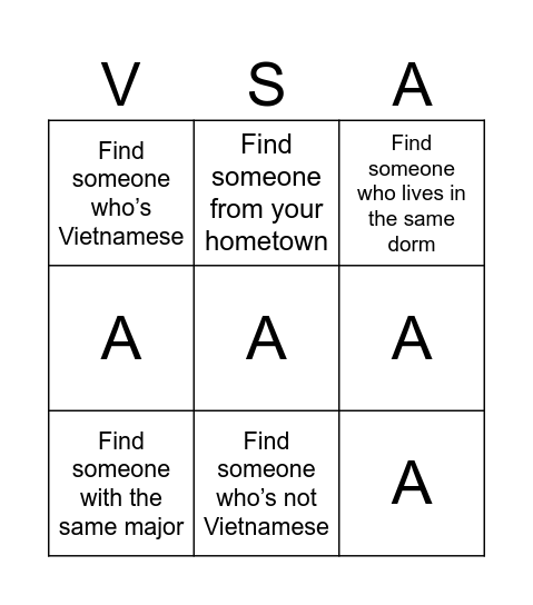 VSA BINGO BOARD Bingo Card