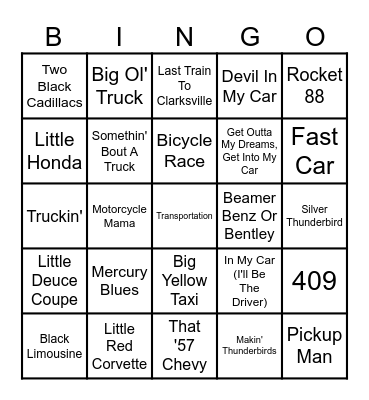 Transportation Bingo Card