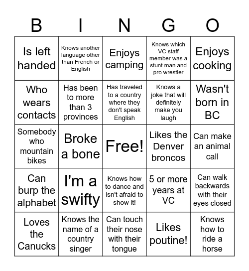 Vancouver College Bingo Card