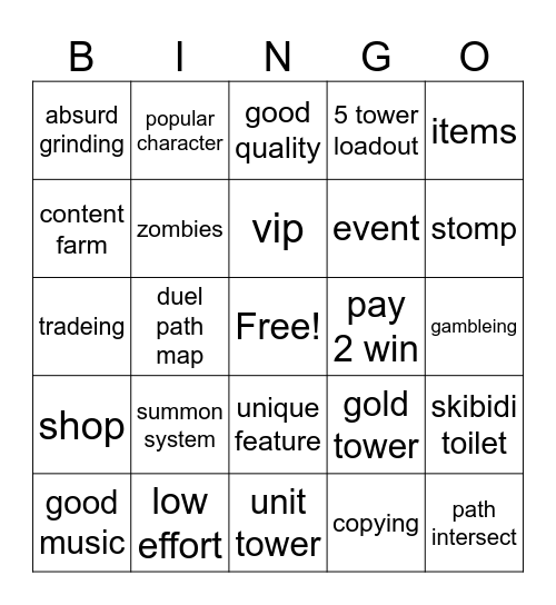 roblox tower defense game bingo Card