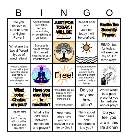 Meditation and Spiritual Bingo Card