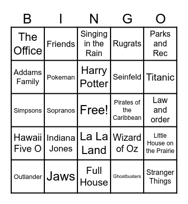 TV & Movie Theme Songs Bingo Card