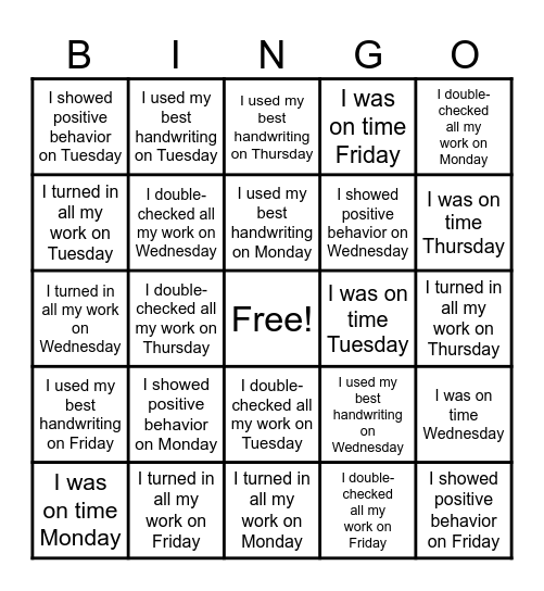 Classroom Bingo Card