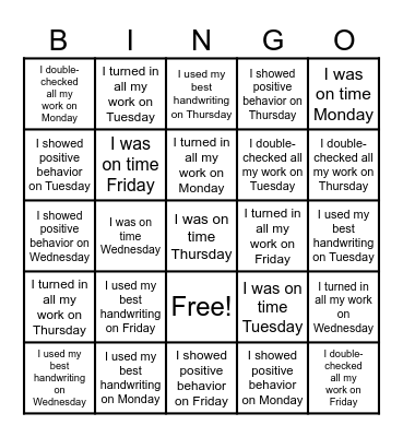 Classroom Bingo Card