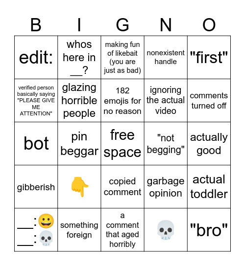 youtube shorts comments BIGNO Bingo Card