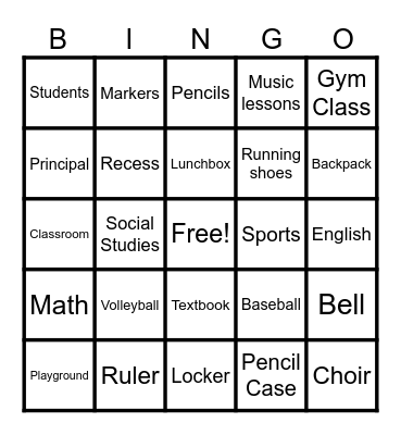 Back to School Bingo Card