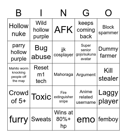 Jujutsu shenanigans bingo Card