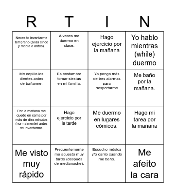 Las rutinas Bingo Card