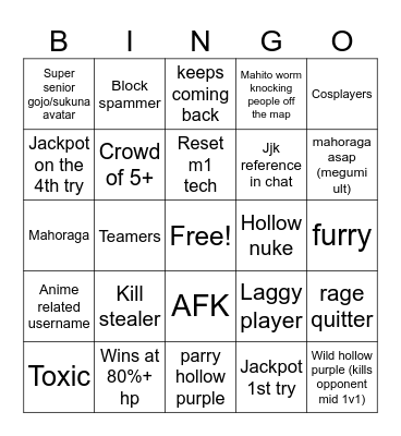 Jujustu shenangians Bingo Card
