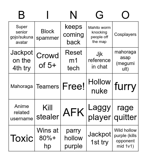 Jujustu shenangians Bingo Card