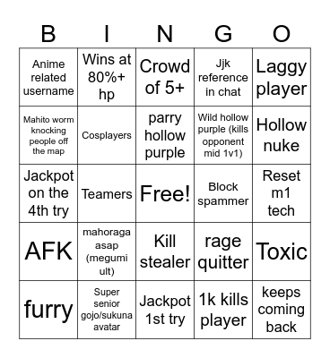 Jujustu shenangians Bingo Card