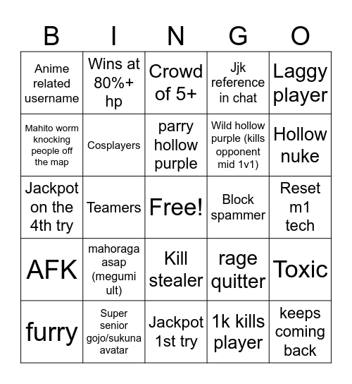 Jujustu shenangians Bingo Card