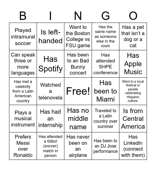 SHPE Bingo Card