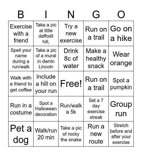 October challenge Bingo Card